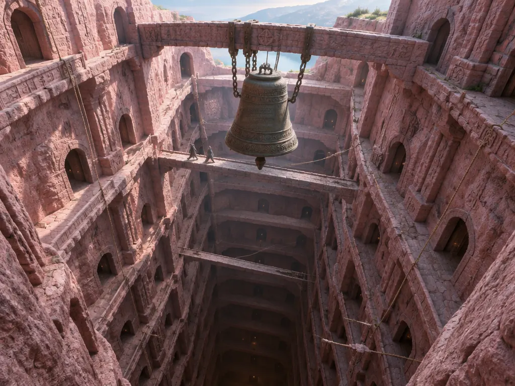 Sumur persegi Bellshaft dilihat dari atas, galeri berpintu di tiap lantai, lonceng perunggu tergantung di jembatan teratas.